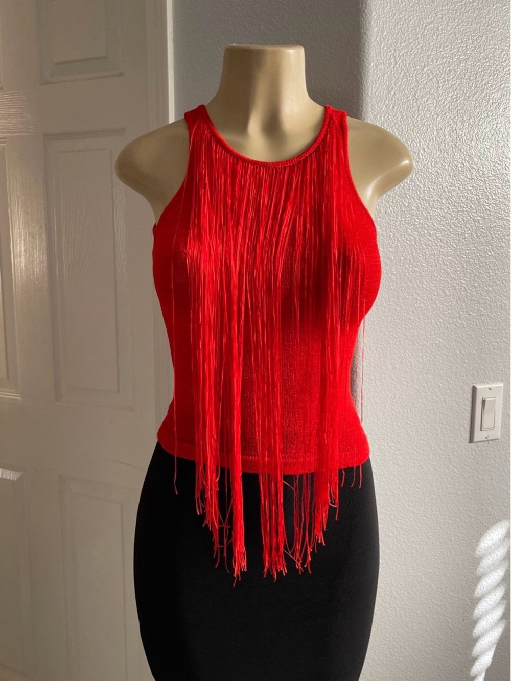 Bebe Fringe Detail Red Knit Tank Top